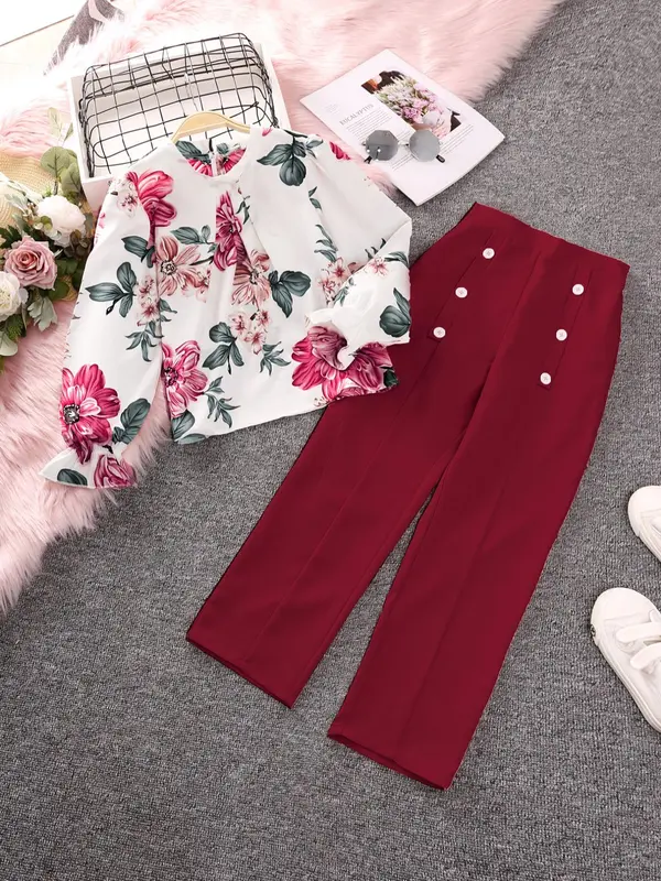 Two-Piece Set Girl's Floral Print Top & Pants Set, Casual Keyhole Neck Top & Trousers for Fall & Winter, Kids Clothes for Daily Wear 4