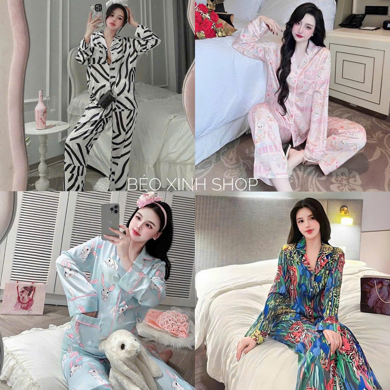 Đồ Bộ Pijama Bigsize Vải Lụa Mango Tay Dài 50-100kg Mặc Cực Thích Nữ Áo Ngủ Quần Ngủ - A.5619