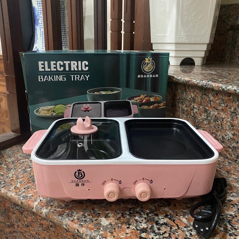 Bếp lẩu nướng 2 ngăn Hàn Quốc Shanban, Nồi lẩu 2 in 1 siêu chống dính đa năng 3 màu- Bếp điện đa năng New Nồi Điện Nồi Lẩu Điện