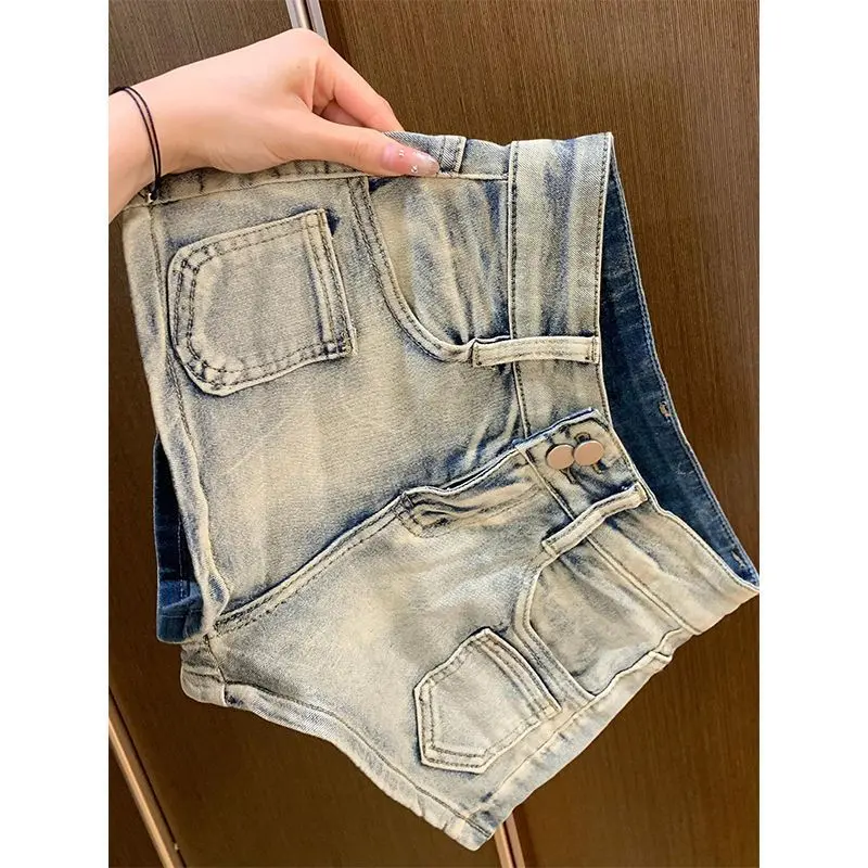 Quần Short Denim Cạp Cao Cổ Điển Của Phụ Nữ, Phong Cách Cô Gái Nóng Bỏng, Vừa Vặn Mới Mùa Hè, Co Giãn, Ống Rộng, Thiết Kế Làm Cũ Rửa, Quần Hot
