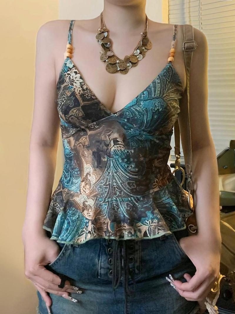 Product Introduction of Women's Vintage Print Cami Top, Casual Spaghetti Strap Sleeveless Top for Summer, Ladies Clothes for Beach Holiday 3