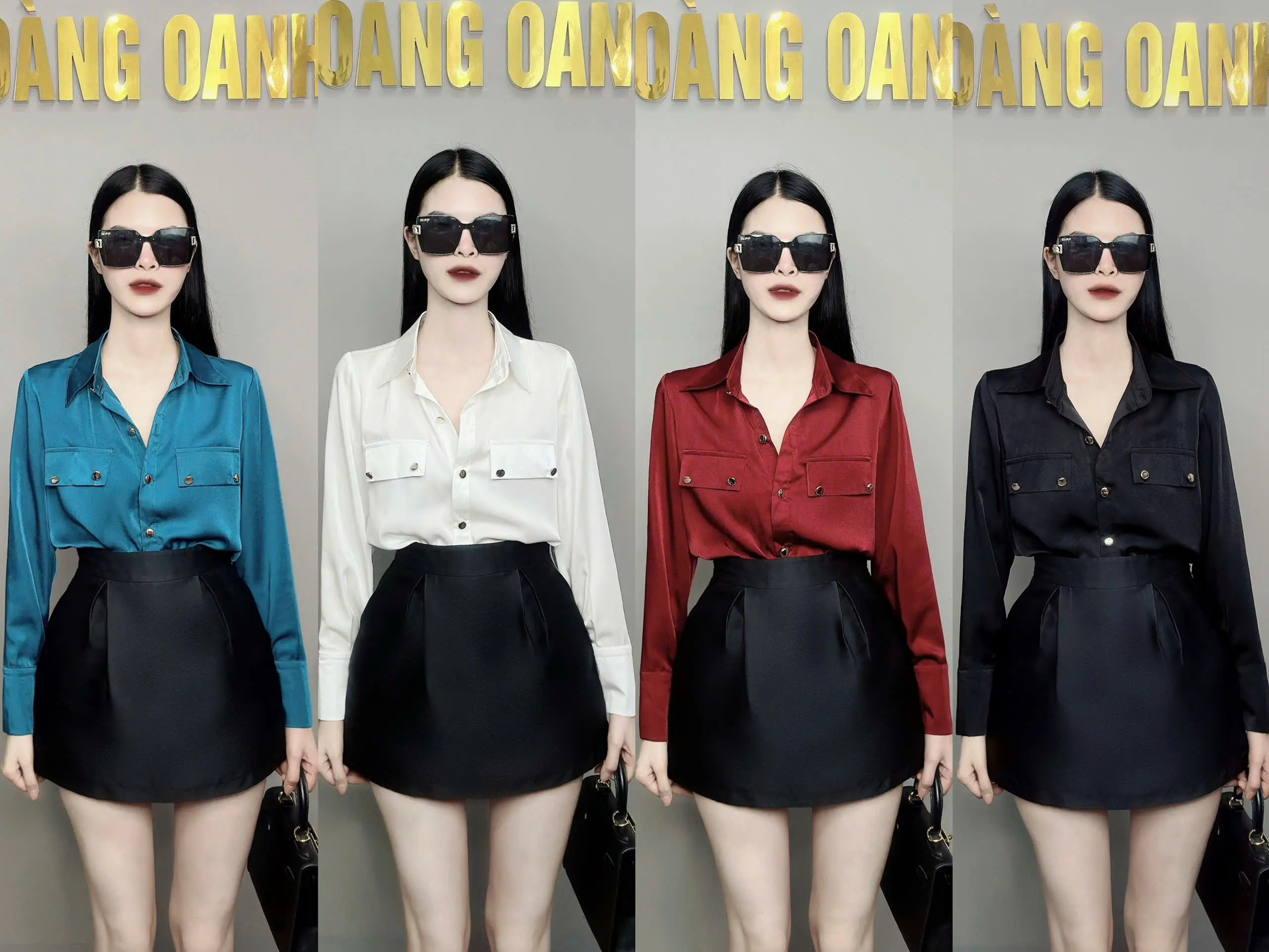 Áo sơ mi lụa trơn ,áo sơ mi lụa nắp túi ngực Nhung Nữ Women Top