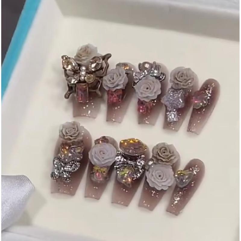 Handmade Wear Nail Brown Butterfly Flower Series press-on nails 1