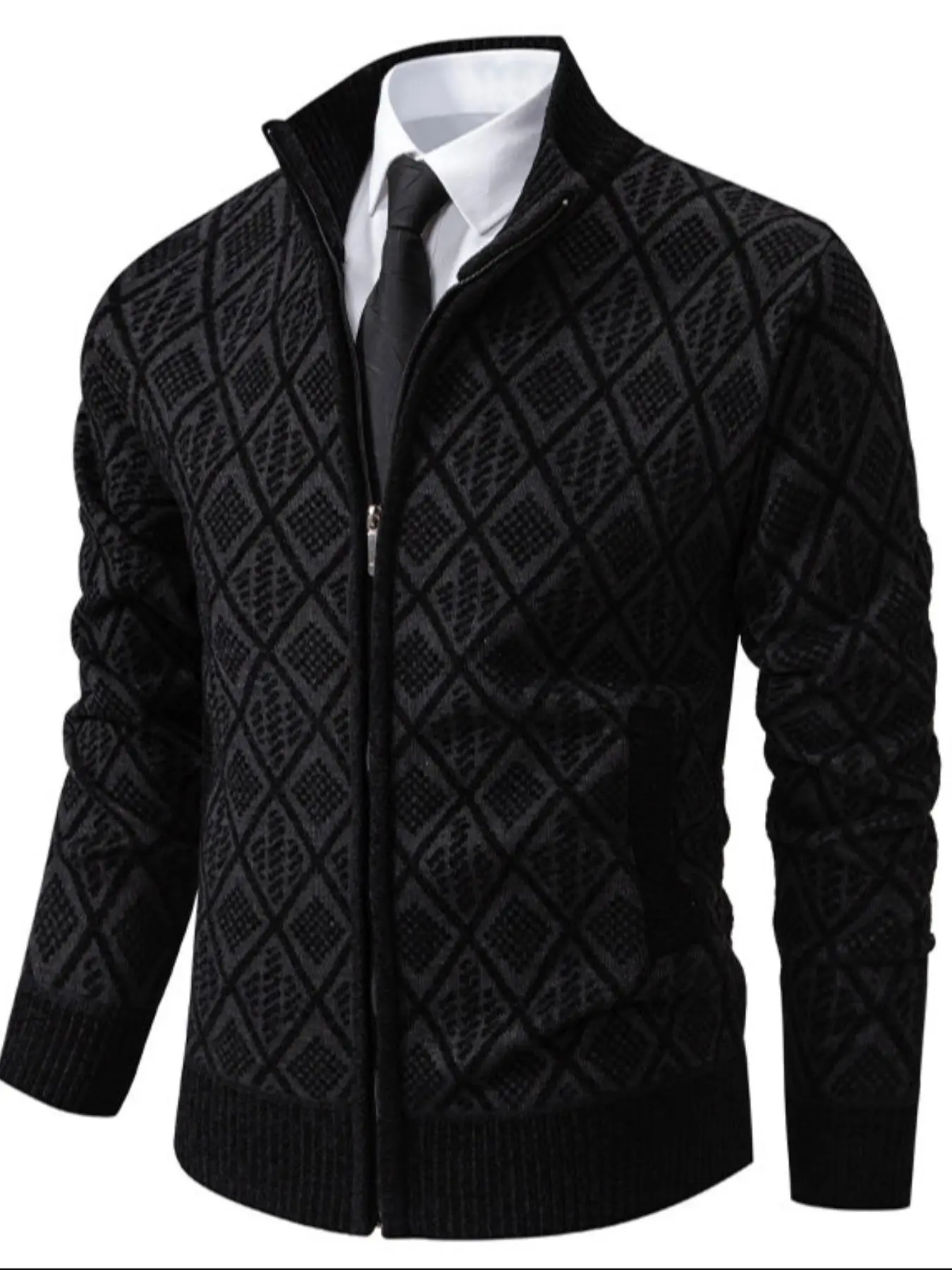 Men's Geometric Print Pocket Zip Up Knitting Jacket, Regular Fit Casual Long Sleeve Stand Collar Outerwear for Fall & Winter, Men's Clothes for Daily Wear