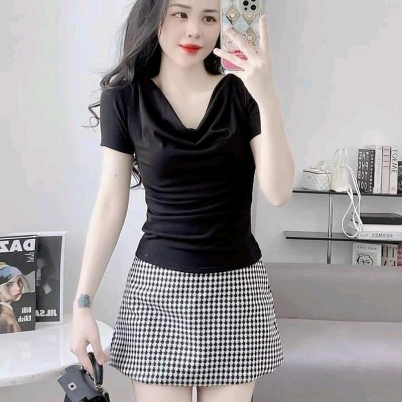 A-06 MẪU HÓT ÁO THUN CỔ ĐỔ LỆCH VAI ,mặc được nhiều kiểu chất vải co dãn mềm mịn thoải mái thoáng mát Top Nữ Nhung Voi Jean Màu Đen Tim