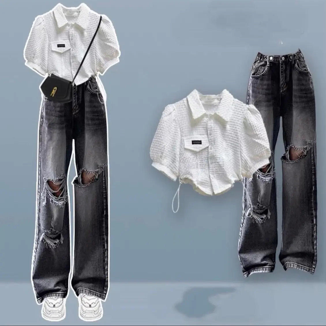 Set Baggy Jeans Xám Đai Nút Rách + Sơ Mi Xốp