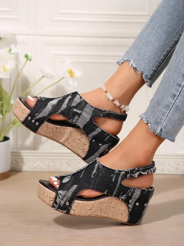 Women's Fashionable Denim Design Platform Sandals, Casual Comfortable Wedge Sandals for Beach, Fashion Shoes for Party, Daily Clothing Decor, Footwear 8
