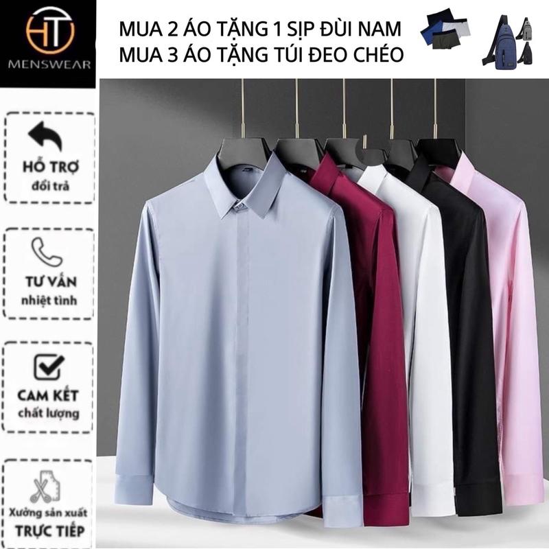 Áo sơ mi nam dài tay chất vải lụa thiết kế che cúc 12 màu thời trang nam HT Menswear Shirt Trắng mua 2 áo tặng 1 sịp nam mua 3 áo tặng túi đeo chéo