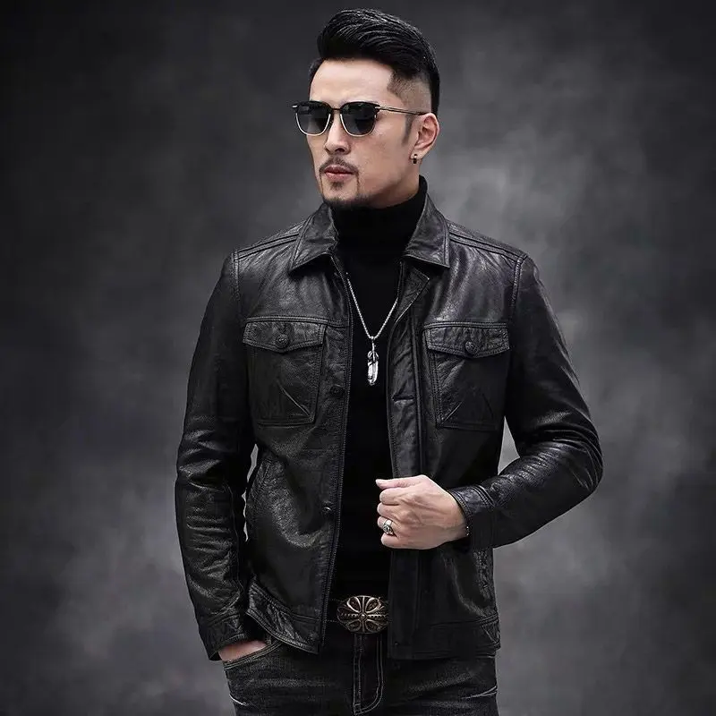 Áo Khoác Da, Meilun, Da Thật Đã Giặt, Áo Khoác Nam, Áo Khoác Đi Xe Máy, Cổ Bẻ, Hợp Xu hướng, Phong Cách Trẻ Trung, Dáng Ôm Hàn Quốc, Mỏng, Áo Khoác Da Ngắn, Chất Lượng Cao, Dành Cho Nam Giới