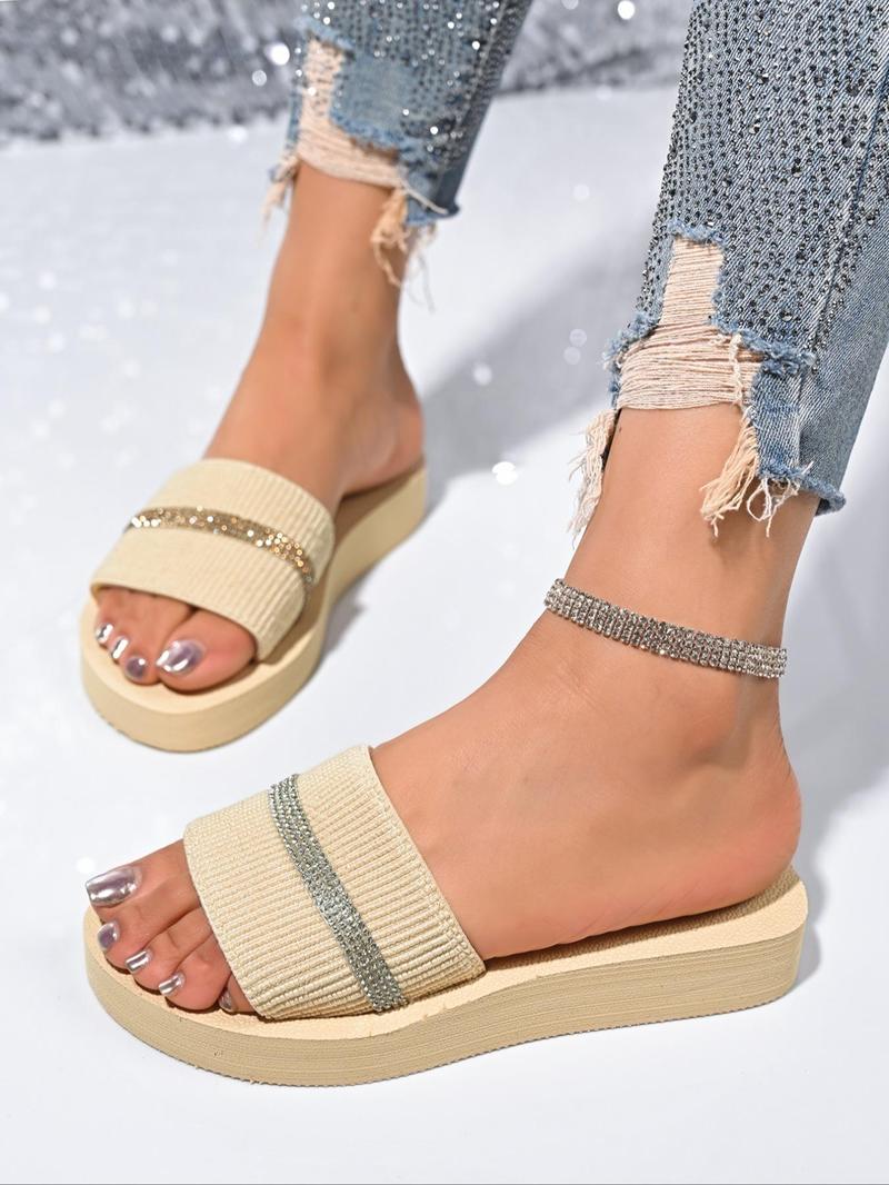 Product Introduction of Women's Fashionable Plain Color Rhinestone Decor Slides, Casual Comfortable Platform Slippers for Summer, Lightweight Breathable Shoes for Daily Wear, Girl 4