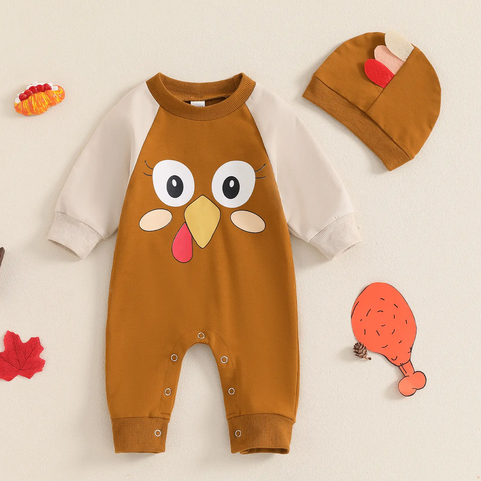 Baby Girl Boy Thanksgiving Outfit, Turkey Print Round Neck Long Sleeve Full Length Romper Hat 2 Piece Set