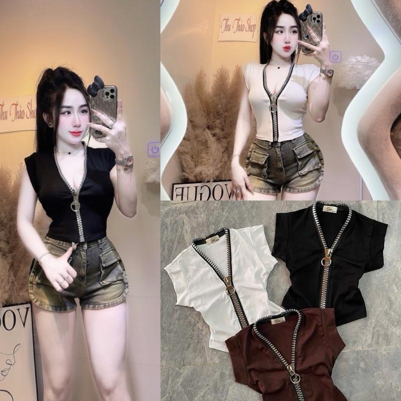 ÁO THUN TAY NGẮN SÁT NÁCH KÈM DÂY KHOÁ FOM CROPTOP NGẮN TRÊN RÚN DƯỚI 53kg