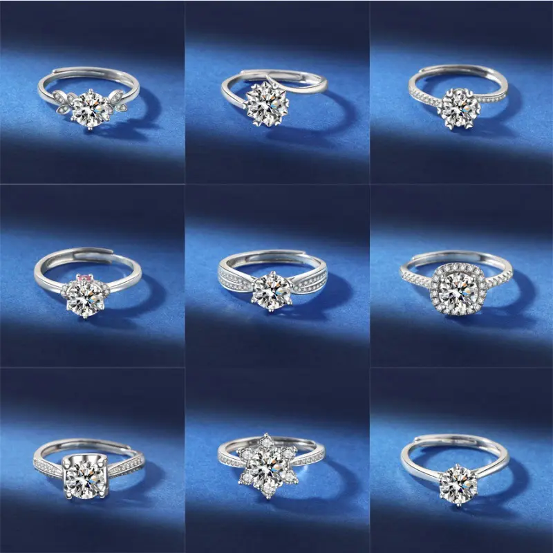 One carat D color Moissanite ring for women S925 sterling silver classic six-prong wedding ring jewelry adjustable ring