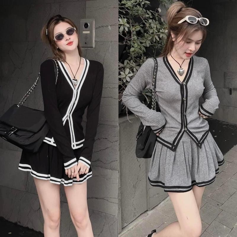 Thời Trang Bigsize Set Váy Áo Có Lót Quần Trong Vải Thun Tăm Bigsize 50-100kg Top Nữ Xám Polo Đen Women - A.1229