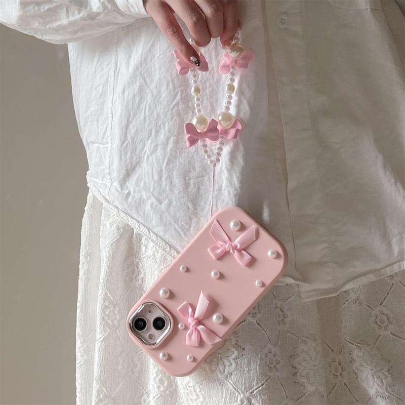 Product Introduction of Bowknot Decor Phone Case with Faux Pearl Beaded Lanyard, Cute Fashion Phone Protective Case, Full Coverage Shockproof Phone Cover Compatible with iPhone 15 14 13 ProMax 9
