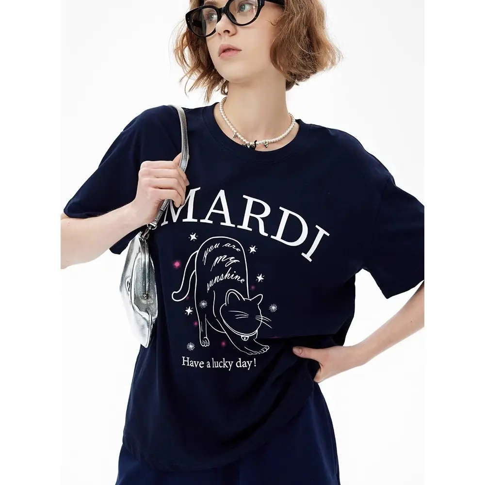Mardi Korean style outfit with summer cat print short sleeved casual loose fitting unisex slimming pure cotton couple T-shirt
