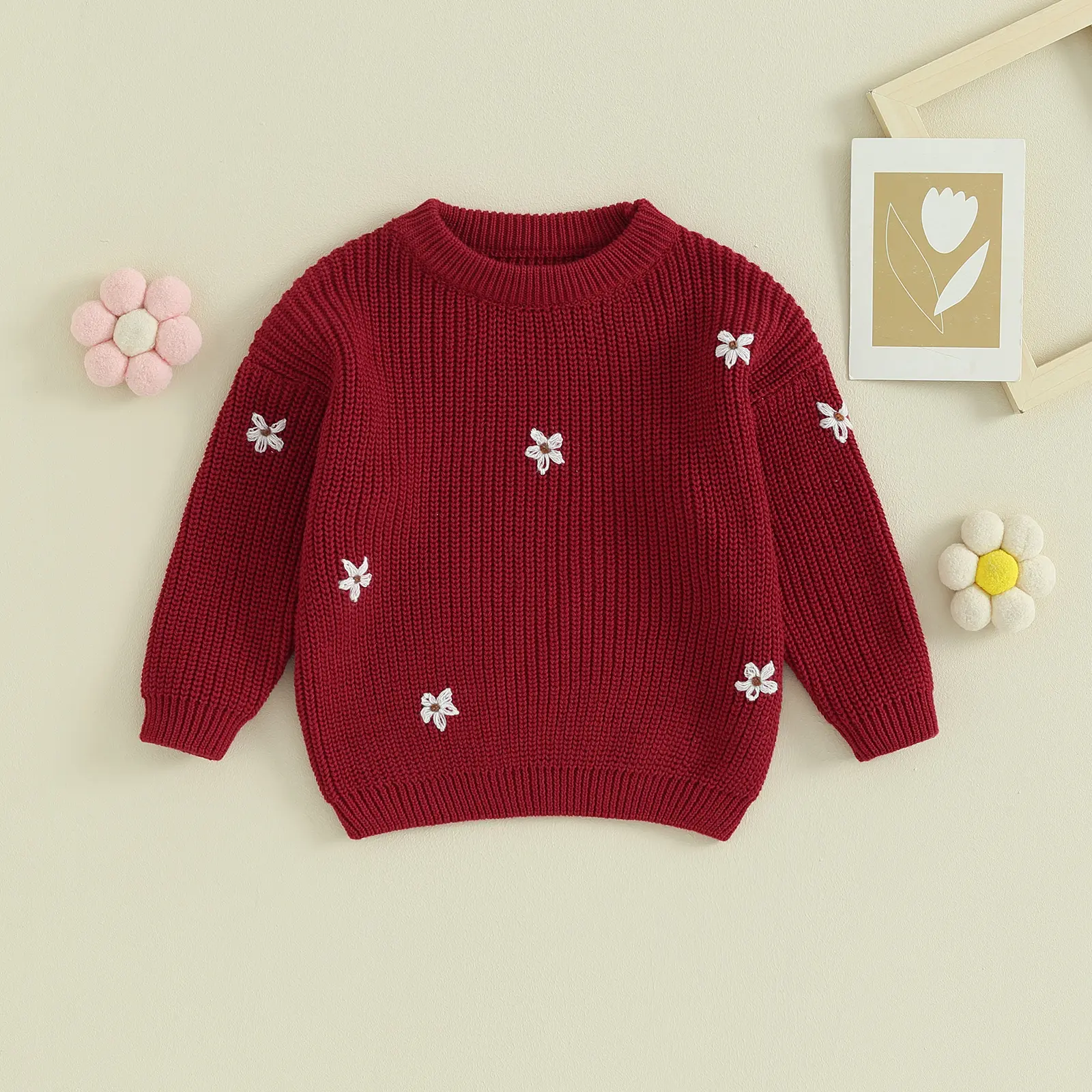 Kids Girls Sweater, Long Sleeve Crew Neck Flower Warm Winter Sweater Clothes for Casual Daily 0-5Y