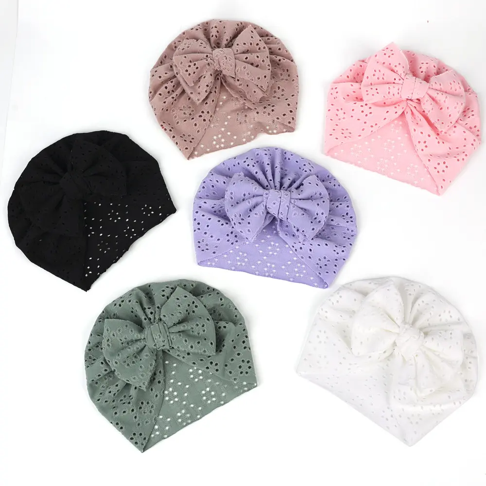 Soft Newborn Infant Turban Cotton Hats Hollow Bows Knot for Baby Girls Hair Elastic Headwear