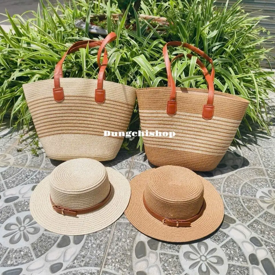 Combo túi cói kẻ sọc quai da + Mũ cói đai thắt lưng sang chảnh