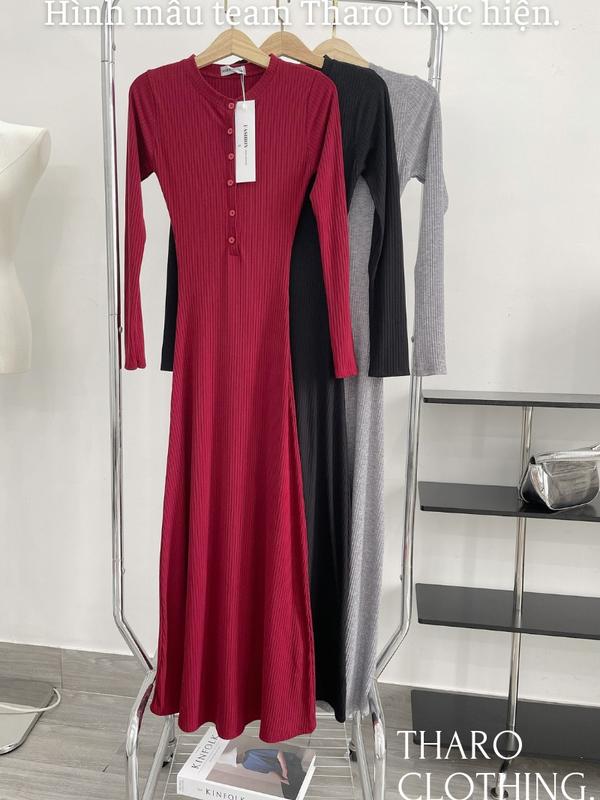 Đầm Len Gân Cổ Trụ, Tay Dài Đính Cúc - Tharo Clothing [DAM00057] 3