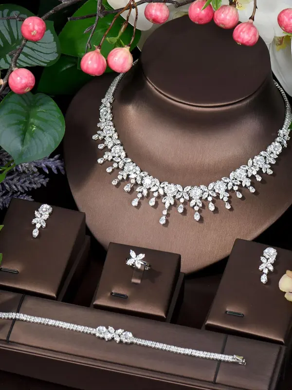 Women's Elegant Rhinestone Decorated Jewelry Set, Exquisite Trendy Necklace & Earrings & Bracelet & Ring, Chic Jewelry Set for Party & Wedding, Dainty Gift for Your Love 0