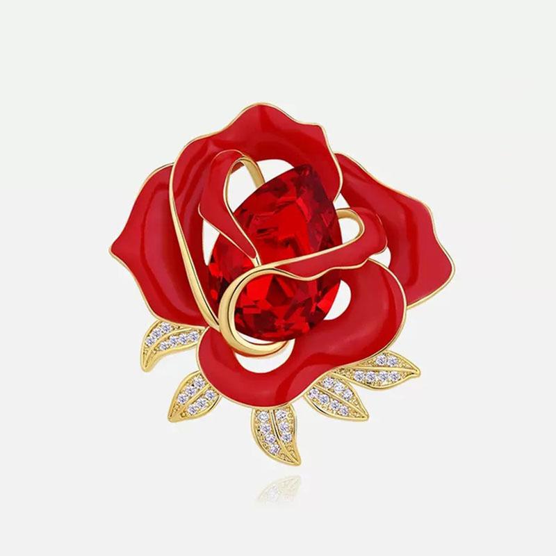 Elegant Red Rose Flower Shape Brooch Shining Rhinestones Inlaid Pin Evening Gown Dress Badge Coat Party Accessories 8