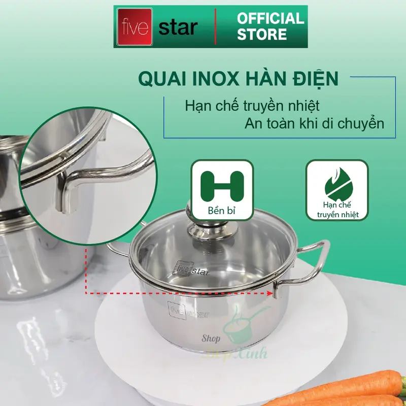 Bộ nồi chảo 3 đáy inox 403 Fivestar 5 món nắp kính tặng 5 muỗng ăn( N16cm x N18cm xN20cm x N24cm x chảo 24cm) 3