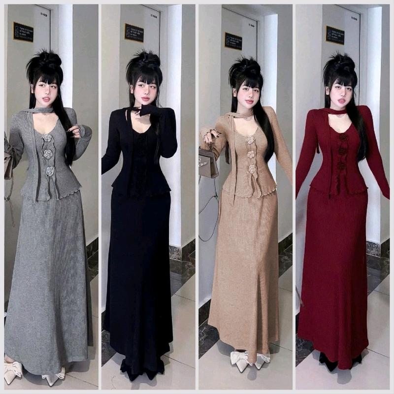 Sét áo tay dài cổ V dây cổ đính hoa len phối chân váy chữ A dáng dài siêu cưng  thiết kế đi tiệc ,đi chơi  _ Chất thun tăm thái dày dặn H0345