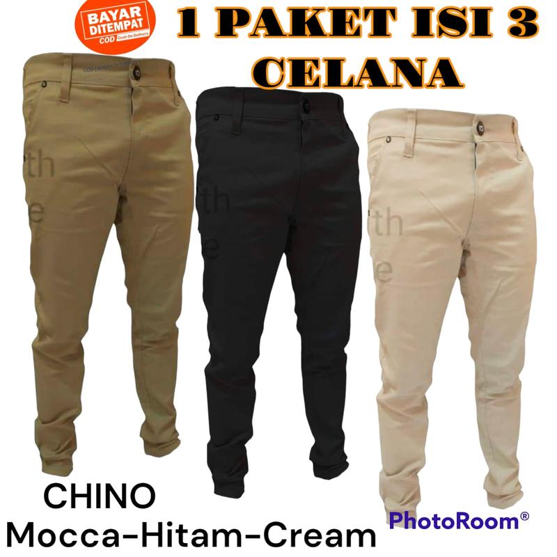 Product Introduction of PROMO MURAH!!!! 100 RIBU 3 PCS CELANA CINO PANJANG PRIA Slim-fitting Katun Hitam Polos Chino Melar chinos 3