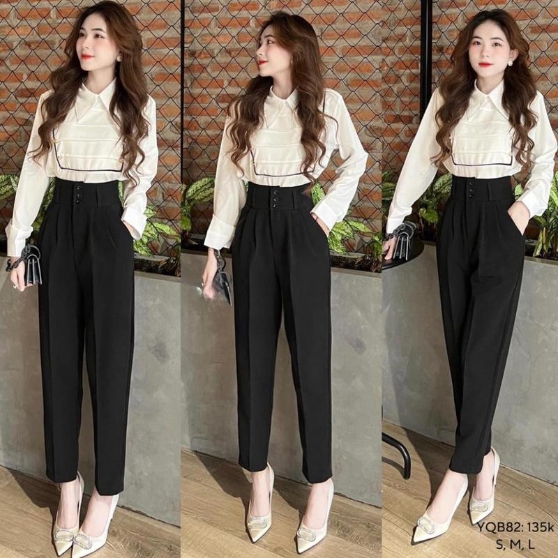 Quần Tây Đen Nữ Cạp Cao Dáng Dài 3 Khuy ống Đứng Lưng Cao Kiểu Quần Tây Baggy Nữ Đi Học đi làm công sở cạp có đai vải tuyết mưa dày dặn chất đẹp Pants Denim Ong Kem Hổ