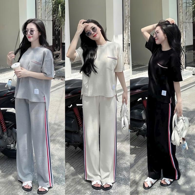 Set bộ đồ nữ thể thao set nữ quần dài,áo form rộng phối túi mix quần ống rộng chạy 3 sọc
