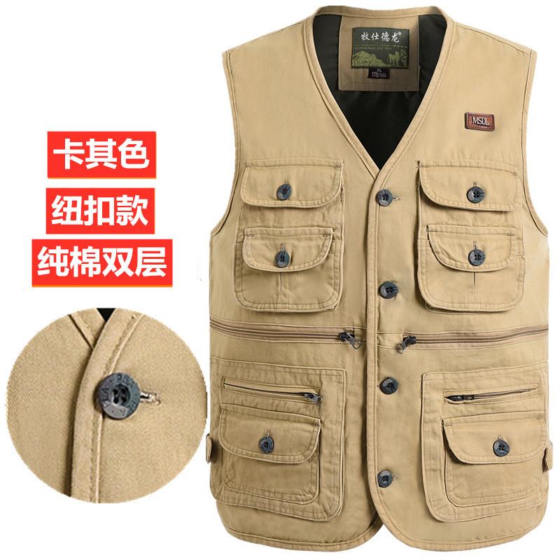 Product Introduction of Spring and Autumn Pure Cotton Men's Vest Middle-Aged and Elderly Hurdle Vest Jacket Men's Dad Button with Buttons Multi-Pocket Vest Menswear Tops Lingerie Gilet Waistcoat Beige Plain Human Tropical 20