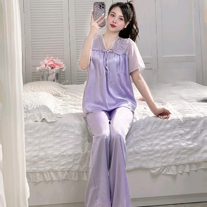 (NHẬN HÀNG SAU TẾT) Pijama Nữ Tay Ngắn Cổ Vuông Viền Ren Phối Voan Phom 40-60kg Women Voi Quần Áo Kem