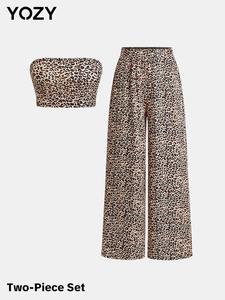 YOZY Leopard Print Top & Elastic Waist Pants Set/ Crop Tube Top & High Waist Wide Leg Trousers, Casual Fashion Cozy Ribbed Outfits, Women's Daily Wear for Spring & Summer & Fall