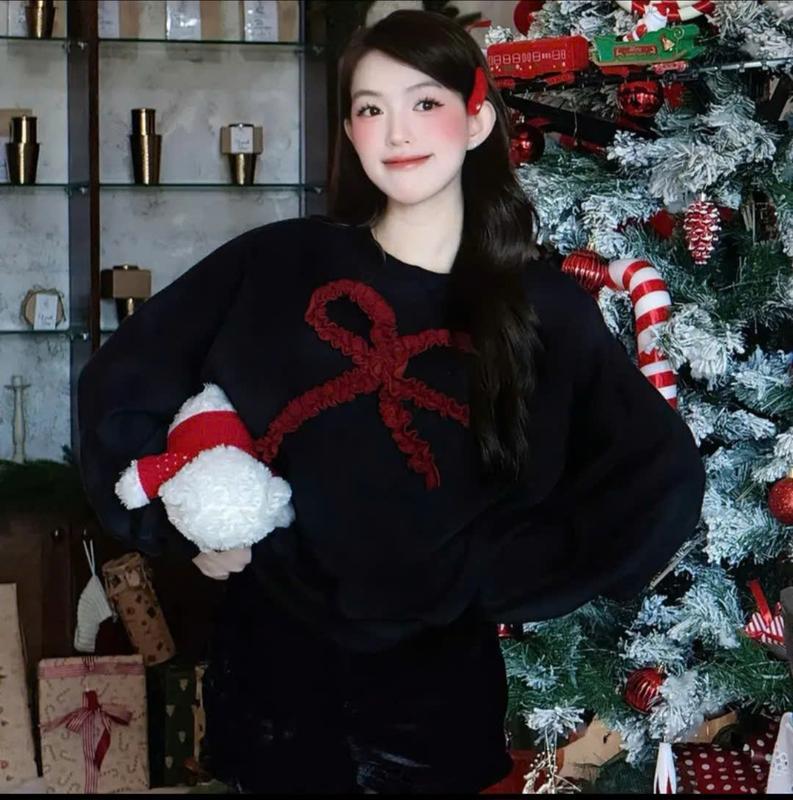 Áo thêu nơ rúm nổi phong cách Hàn quốc dễ thương 40-65kg nữ top women thun nỉ cổ tròn thun Hoodie