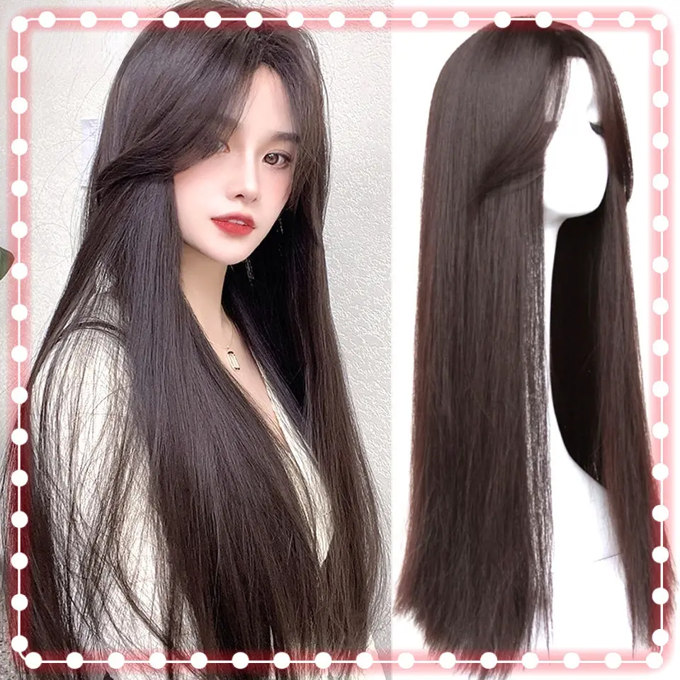 [Rambut Palsu Perempuan Panjang/Rambut Palsu]Women Wig Blcak Long Straight Hair Wig With Center Bangs Lolita Daily Wear Synthetic Heat-resistant Mid-length Wigs