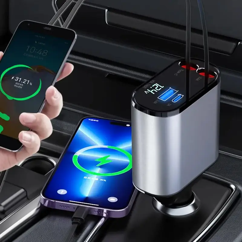Bộ sạc ô tô, Sạc nhanh 4 trong 1, Sạc siêu nhanh, Tương thích với Type-C, IOS và USB, Cáp Có Thể Thu Vào 3