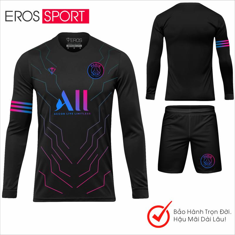 Quần áo bóng đá Tay Dài PSG D2 Đen, vài thun lạnh, đồ thể thao Nam Top mẫu mới Eros Sport