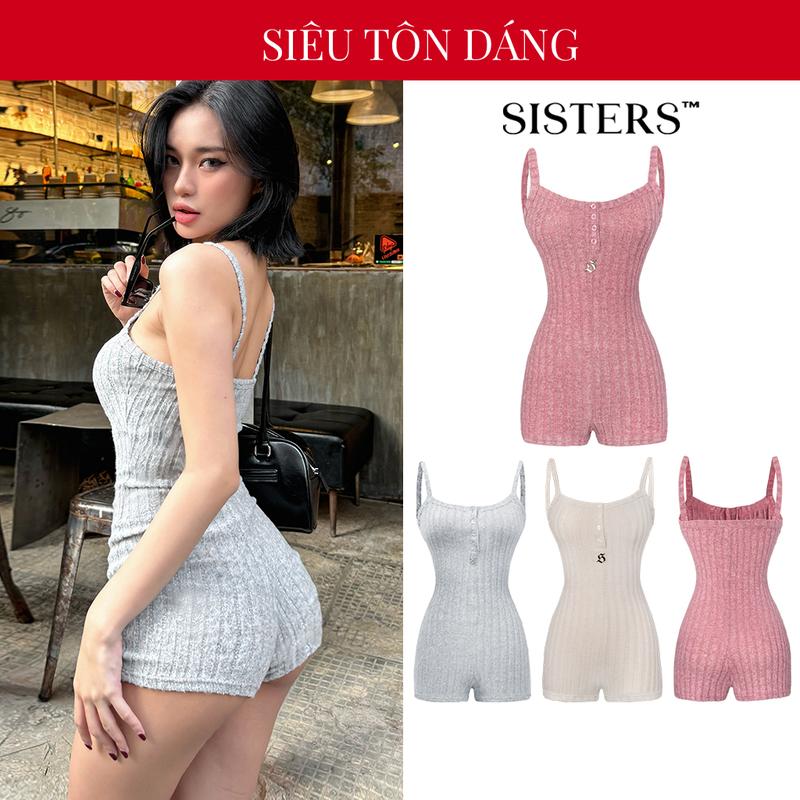 Bodysuit 2 dây nữ SISTERS phối cúc cài ngực gợi cảm màu xám gân nhung mềm mại tôn dáng Kate Jumpsuit | SS3-J7
