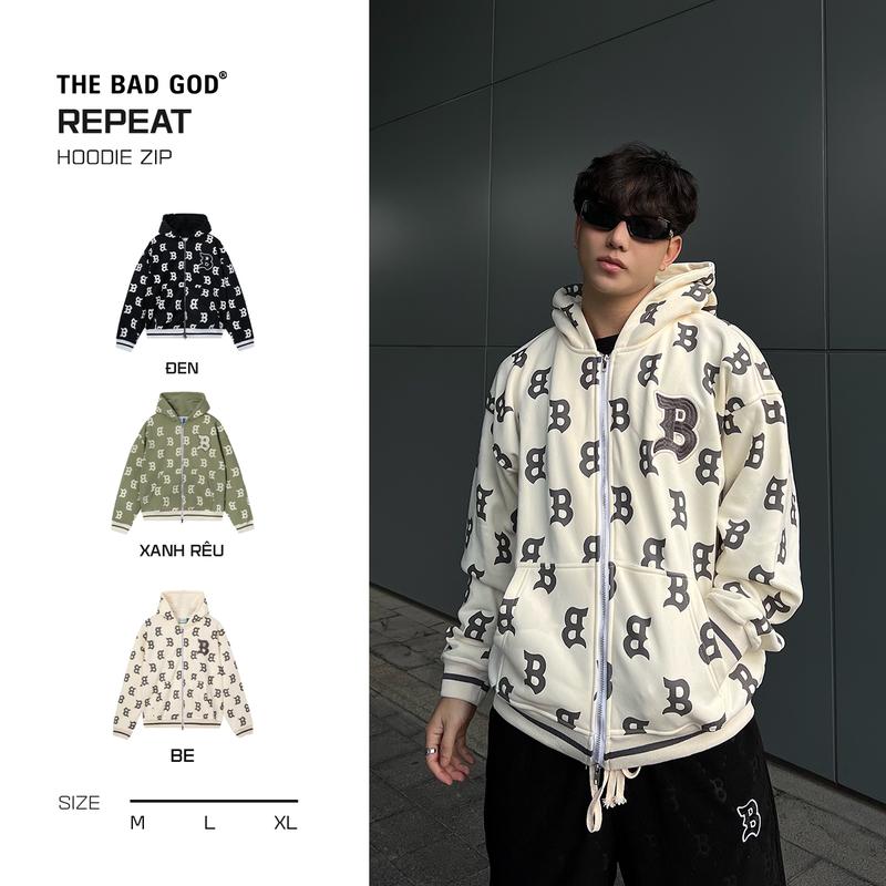 Áo Hoodie Zip Dài Tay THE BAD GOD REPEAT - Menswear Lót Nhung Có Túi Đen