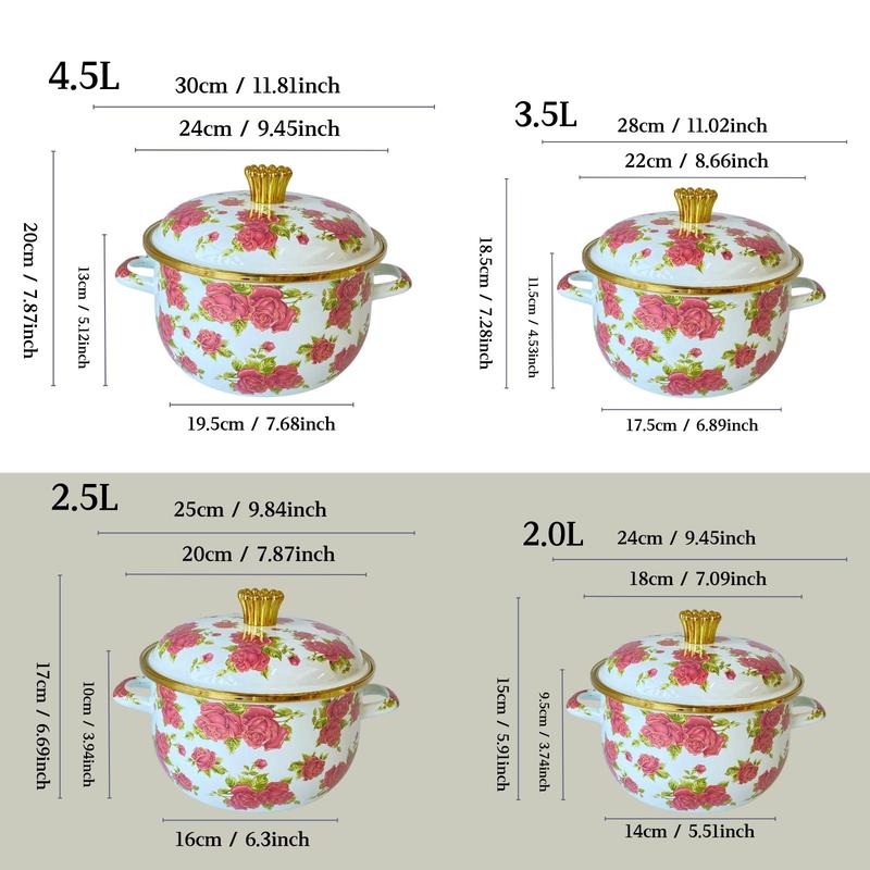 Rose Pattern Enamel Pot with Lid & Handle, 1 Count Vintage Style Flower Pattern Pot, Kitchen Cookware for Home Use, Kitchen Accessories 1