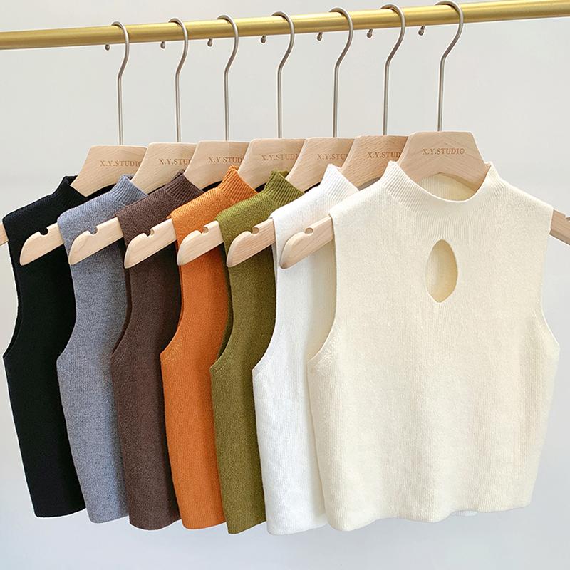  Áo Ba Lỗ Dệt Kim Cổ Lọ Nửa Thiết Kế khoét Thời Trang Dành Cho Nữ Mặc Mùa Hè Phong Cách Thường Ngày Màu Trơn Áo Vest Không Tay Thích Hợp Cho Thể Thao 