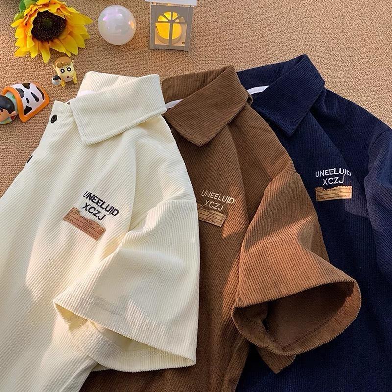 Áo Thun Nam Nữ Thêu Hình  Áo Polo From Rộng Tay Lửng  Mùa Hè 2020 Chất Liệu Nhung Tăm Mềm Mịn Menswear Có Cổ Shirt Nâu (chỉ một mảnh) họ màu đen đườngphố (chỉ một mảnh) họ màu trắng tối giản