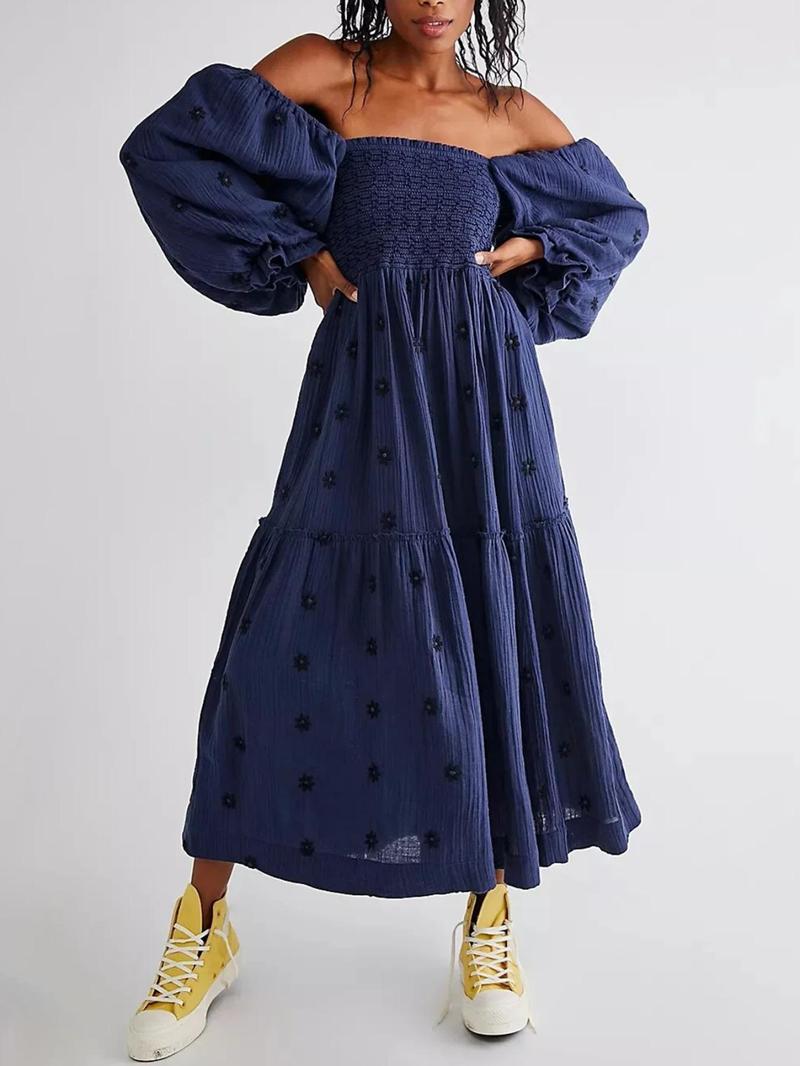 Product Introduction of Women's Floral Embroidery Frill Trim Shirred Flounce Sleeve Dress, Boho Fashion Long Sleeve Square Neck A Line Dress for Daily Holiday Vacation Wear, Ladies Dress for All Seasons, Dresses for Women,  Spring Dress 10
