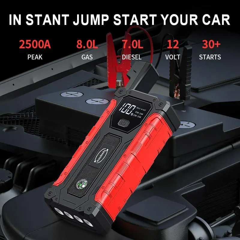 12V High-current Portable Jump Starter Kit, Car Battery Jump Power Pack, USB Fast Charging, Built-in LED Light, Compass Included, Battery Storage Box 5