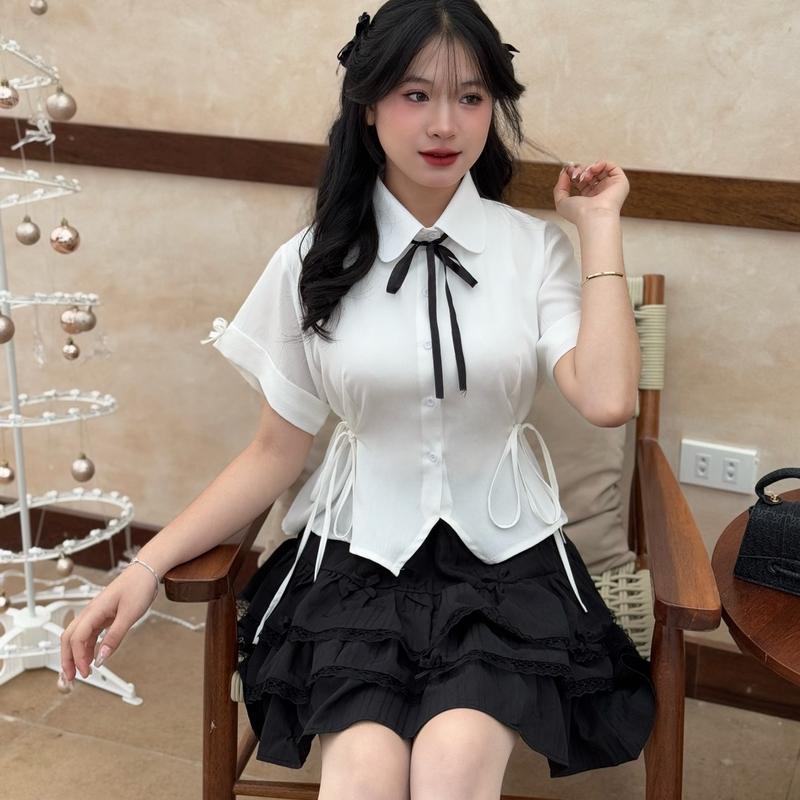 KADESIGN_Áo Sơ Mi CROPTOP ngắn tay freesize thắt eo hack giáng tiểu thư