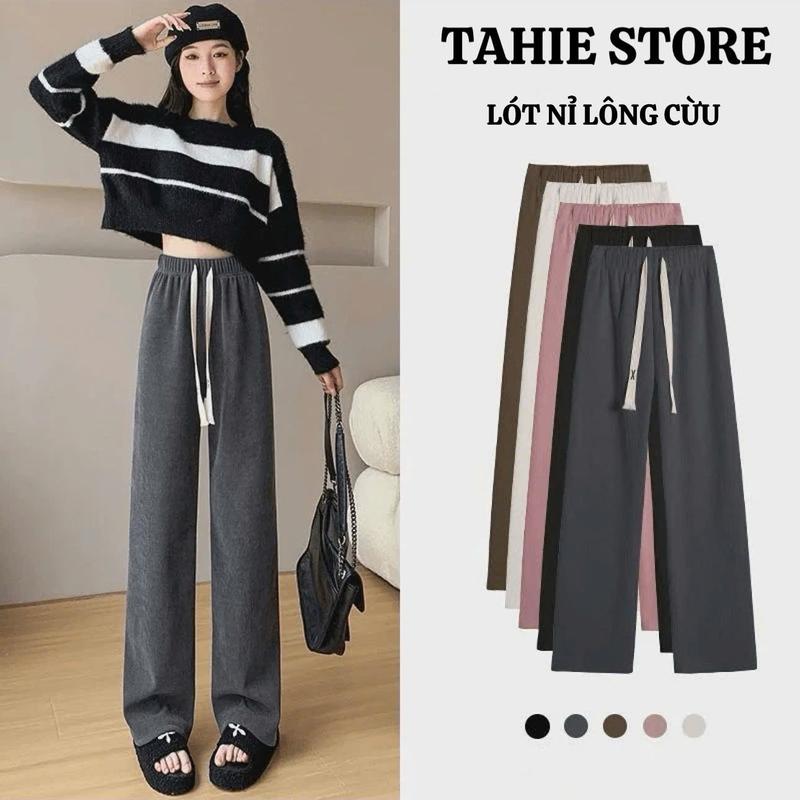 [Lót Nỉ] Quần Tăm Nỉ Tăm Lót Nỉ Lông Cừu, Ống Rộng, Dáng Suông Tahie Store quần xám ghi thụng của nữ thun len bông dài quan quânsuong cap cao