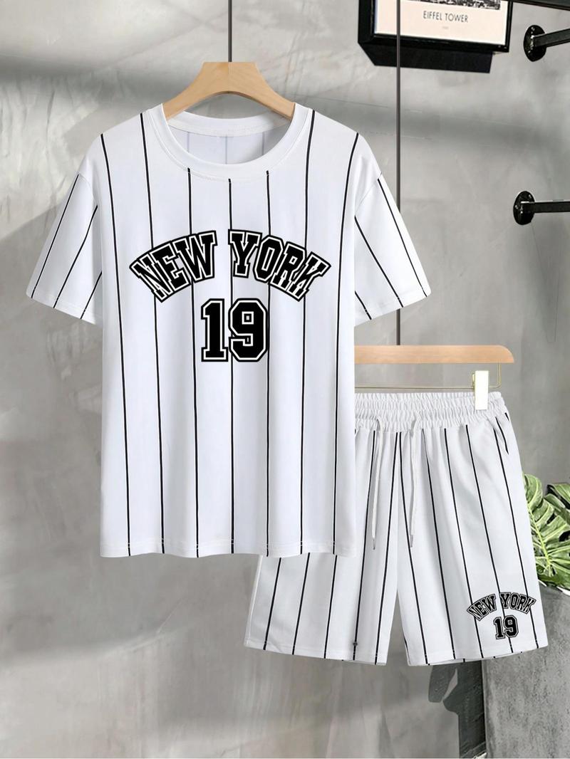 Product Introduction of Men's Letter & Figure & Striped Print Baseball Tee & Drawstring Waist Shorts Loungewear Two-piece Set, Regular Fit Casual Comfy Round Neck Short Sleeve T-shirt & Pocket Shorts PJ Set, Men's Sleepwear for All Seasons 1