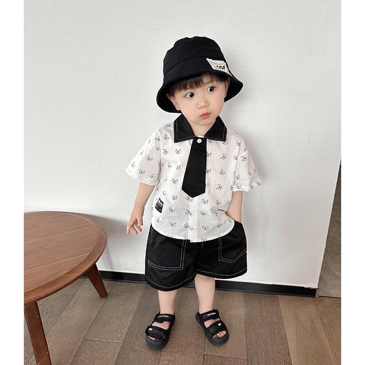 [kho sỉ mẹ gạo] Bộ Quần Áo Sơ Mi Cộc Tay Họa Tiết Mặt Cười Có Cà Vạt Gắn Cùng Áo. Chất Liệu Mềm Mát Cho Bé Trai, Size 10-30kg