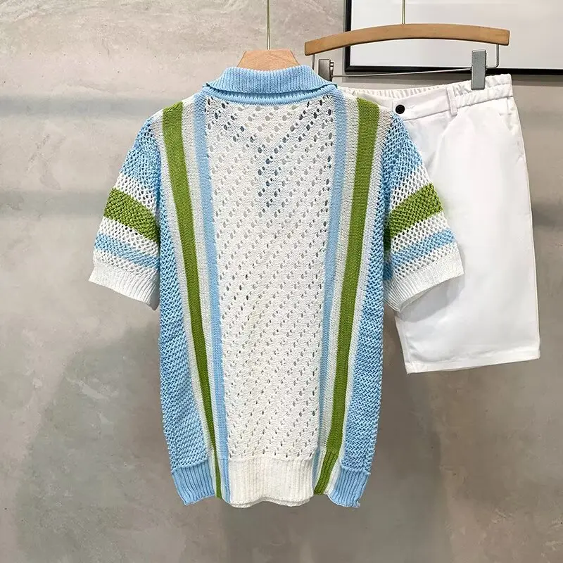 Áo Polo Dệt Kim Ngắn Tay, Dành Cho Nam Giới, Phong Cách Cổ Điển Mỹ, Sọc Đầy Màu Sắc, INS, Áo Phông Ruffle Cao Cấp, Thiết Kế Đẹp Trai, Cổ Bẻ Áo, Thích Hợp Cho Mùa Hè, Áo Sơ Mi